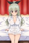  1girl alternate_hairstyle anchovy anzio_school_uniform arm_support bangs bed bedroom black_ribbon blush breasts cleavage closed_mouth commentary curtains dress_shirt eyebrows_visible_through_hair girls_und_panzer green_hair hair_ribbon indoors inoshira long_hair long_sleeves looking_at_viewer medium_breasts naked_shirt on_bed ponytail red_eyes ribbon school_uniform shirt sitting smile solo thighs twitter_username white_shirt wing_collar 