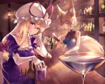  2girls alternate_eye_color amano_hagoromo animal_ear_fluff animal_ears bangs bar bare_arms bare_shoulders blonde_hair blue_dress blue_hair bottle bow breasts collarbone commentary_request counter cup dress drinking_glass elbow_gloves fox_ears fox_tail frills gloves hair_between_eyes hair_bow hand_up hat hat_ribbon head_tilt holding holding_bottle indoors lantern liquor long_hair looking_at_viewer medium_breasts mob_cap multiple_girls no_hat no_headwear pouring puffy_short_sleeves puffy_sleeves purple_dress purple_eyes red_bow red_ribbon ribbon short_sleeves sleeveless sleeveless_dress smile sparkle tail touhou white_gloves white_headwear wine_glass yakumo_ran yakumo_yukari 