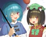  2girls ;p animal_ear_fluff animal_ears blue_capelet blue_hair blush bow bowtie brown_hair capelet cat_ears cat_tail chen commentary eyebrows_visible_through_hair fur-trimmed_capelet fur_trim green_headwear hair_between_eyes hat holding holding_umbrella jewelry karakasa_obake long_sleeves looking_at_viewer mob_cap multiple_girls multiple_tails one_eye_closed open_mouth piyodesu red_eyes red_vest shirt short_hair side-by-side single_earring tail tatara_kogasa tongue tongue_out touhou umbrella vest white_shirt 