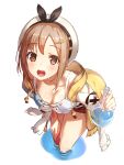  1girl :d atelier_(series) atelier_ryza bent_over breasts brown_eyes brown_hair cleavage collarbone commentary_request eyebrows_visible_through_hair flask from_above green322 hair_ornament hairclip hat highres looking_at_viewer medium_breasts open_mouth red_shorts reisalin_stout revision short_hair short_shorts shorts simple_background smile solo standing wading water white_background white_headwear 