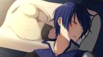  1boy artist_name bed blue_hair cat closed_eyes coat commentary fetal_position kaito light_blush lying male_focus nokuhashi on_back parted_lips pillow short_hair sleeping sunlight upper_body vocaloid white_pillow 