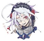  1girl ahoge akilico blazblue braid cape collared_cape eyepatch flower gothic gothic_lolita halloween headband heart huge_ahoge lolita_fashion long_hair medical_eyepatch messy_hair nu-13 red_eyes rose silver_hair single_braid smile solo spoken_heart very_long_hair white_hair yandere 