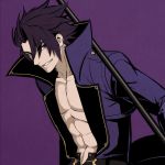  1boy abs bangs bare_chest black_hair gordeau hair_over_one_eye highres holding holding_weapon jacket looking_at_viewer open_clothes open_jacket purple_coat purple_eyes purple_jacket scythe shirtless simple_background solo spiked_hair tb_(spr1110) under_night_in-birth weapon 