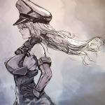  1girl anchor bare_shoulders bismarck_(kantai_collection) breasts eyelashes from_side gloves hand_on_hip hat highres kantai_collection large_breasts lips long_hair military military_hat military_uniform nona_(goodboy) parted_lips peaked_cap profile sideboob simple_background sketch solo uniform 