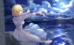  barefoot blonde_hair blue_eyes breasts large_breasts lighthouse lux_(pixiv4480548) moon night night_sky ocean outstretched_arms rodney_(warship_girls_r) shirt short_hair sitting sky smile toenails warship_girls_r white_shirt 