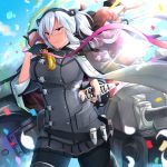  1girl black_legwear blue_sky blush breasts cannon cape cartridge cloud confetti dark_skin day double-breasted floating_hair glasses glint gloves grey_cape grey_jacket grey_nails hair_ribbon headgear highres holding jacket kantai_collection large_breasts light_particles long_hair machinery miniskirt musashi_(kantai_collection) outdoors partly_fingerless_gloves red_eyes remodel_(kantai_collection) ribbon rigging shell_casing skirt sky sleeve_cuffs smokestack standing turret twintails wind yunamaro 