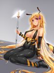  1girl antennae bare_shoulders bee_girl black_bodysuit black_legwear blonde_hair blush bodysuit breasts collarbone covered_navel detached_sleeves eyebrows_visible_through_hair full_body fur_trim grey_background high_heels highres insect_girl insect_wings jewelry light_smile long_hair looking_at_viewer medium_breasts midnight_(banyex) monster_girl original pink_eyes revealing_clothes scepter simple_background sitting skin_tight solo very_long_hair wariza wings 