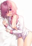  1girl bangs bed_sheet breasts cleavage collarbone commentary_request fate/grand_order fate_(series) hair_over_one_eye kuroki_(ma-na-tu) long_sleeves looking_at_viewer lying mash_kyrielight medium_breasts naked_shirt on_side open_mouth partially_unbuttoned pink_hair purple_eyes shirt short_hair solo sweat thermometer thighs white_shirt wing_collar 