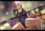  1girl breasts cameltoe candle covered_navel fate/grand_order fate_(series) hair_over_one_eye halloween highres indoors jack-o&#039;-lantern large_breasts mash_kyrielight on_bed one-piece_swimsuit oz_(user_zakk5472) pumpkin purple_eyes purple_hair short_hair smile solo spread_legs swimsuit 