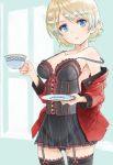  1girl adapted_costume ass_visible_through_thighs bangs black_dress black_legwear black_panties blonde_hair blue_eyes bow_legwear braid breasts bustier commentary cowboy_shot cup darjeeling dress eyebrows_visible_through_hair garter_straps girls_und_panzer highleg highleg_panties holding holding_cup holding_saucer jacket lace lace-trimmed_dress lace-trimmed_legwear lace-trimmed_panties lace-up lingerie long_sleeves looking_at_viewer medium_breasts microdress military_jacket off_shoulder open_clothes open_jacket panties parted_lips red_jacket saucer school_uniform see-through short_hair solo spaghetti_strap st._gloriana&#039;s_military_uniform standing strap_slip teacup thighhighs tied_hair twin_braids underwear yurikuta_tsukumi 