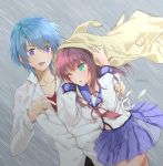  1boy 1girl angel_beats! blue_hair blue_sailor_collar blue_skirt breasts commentary_request cowboy_shot dress_shirt green_eyes highres hinata_(angel_beats!) medium_breasts medium_hair neck_ribbon one_eye_closed pink_neckwear purple_eyes purple_hair puya rain red_shirt ribbon sailor_collar shinda_sekai_sensen_uniform shirt skirt twitter_username white_shirt yuri_(angel_beats!) 