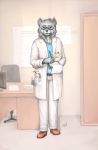  2019 absurd_res anthro belt black_nose bottomwear canid canine canis chair clipboard clothed clothing coat digital_media_(artwork) doctor eyewear fingers fluffy fur furniture glasses grey_body grey_fur hair hi_res holding_object lab_coat long_fur looking_at_viewer male mammal monitor name_tag open_mouth pants pen smile solo standing stethoscope table teeth text topwear tuft twymouse viss_valdyr wolf 