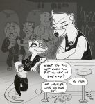  ambiguous_gender badger bottomwear canid canine clothed clothing crossed_arms dialogue disney dress english_text fangs felid fox fully_clothed greyscale grin group hi_res honey_(zootopia) honey_badger jewelry judy_hopps lagomorph leporid lion looking_at_another mammal monochrome mustela mustelid musteline necklace nick_wilde pantherine pants rabbit red_fox rockbottomfeeder shirt smile speech_bubble suit tank_top teeth text tiger topwear ursid zootopia 