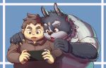  2019 anthro chubby_protagonist_(tas) clothing duo hi_res human humanoid_hands male mammal nintendo nintendo_switch overweight overweight_male protagonist_(tas) shirt simple_background tokyo_afterschool_summoners topwear tsathoggua video_games 柴虎良 