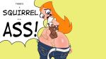  ambiguous_gender anal anal_vore anus belt blue_eyes bottomwear brown_body brown_fur butt candace_flynn clothing disney female feral fur gesture hair human human_focus jashinslayer jeans mammal not_furry_focus orange_hair pants phineas_and_ferb pussy rodent sciurid smile vore waving 