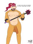 2019 anthro balls blush claws damon_koopa digital_media_(artwork) fan_character fingers hair hi_res holding_object holding_weapon horn koopa looking_at_viewer mace male mammal mario_bros melee_weapon nintendo nipples nude pecs penis ponytail scalie shell simple_background smile solo standing text timidwithapen tongue video_games weapon white_background 