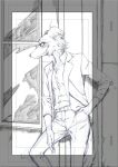  2018 5_fingers anthro beastars blush bottomwear canid canine canis clothed clothing female fingers fur juno_(beastars) line_art looking_away mammal monochrome necktie pants solo suit window wolf yama_no_yousei 