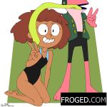  2019 4_fingers 5_fingers amphibia_(series) amphibian anne_boonchuy anthro barefoot black_bottomwear black_clothing black_shorts black_swimwear border bottomwear brown_body brown_hair brown_skin clothing disney duo female fingers frog gesture green_background green_clothing green_headwear green_jacket green_tongue grin hair headgear headwear hi_res human human_focus jacket kneeling long_tongue male mammal meme nervous nervous_smile not_furry_focus one-piece_swimsuit open_jacket open_mouth parody pink_body pink_hair pink_skin shorts simple_background smile sprig_plantar sukk-madikk swimwear text tongue tongue_on_face topwear url v_sign white_border 