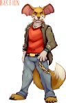  anthro bastion big_tail bottomwear canid canine chain claws clothed clothing elephant elephantid fox fur hi_res hybrid jacket jewelry looking_at_viewer male mammal necklace pants paws pholidine porcupine pose proboscidean rodent shirt simple_background smile solo topwear tripwire_(character) tusks 