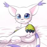  2019 3_fingers 3_toes :3 anus bed bedding black_nose blue_eyes blush breasts butt claws clothing cute_fangs digimon digimon_(species) domestic_cat ear_tuft felid feline felis female fingers fur furniture gatomon gloves haiiromon handwear looking_at_viewer looking_back lying mammal nipples nude pawpads presenting presenting_anus presenting_hindquarters presenting_pussy purple_body purple_fur pussy rear_view small_breasts smile solo spread_butt spreading striped_tail stripes toes tuft whiskers white_body white_fur 