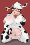  anthro big_breasts blush bodily_fluids bovid bovine breasts brown_eyes cattle drooling female hi_res hooves lactating mammal milk nipple_piercing nipples piercing saliva simple_background solo tongue tongue_out utters 
