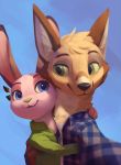  ambiguous_gender anthro blue_background blue_eyes canid canine clothed clothing duo elodoart fox fur green_eyes head_tuft hi_res hug inner_ear_fluff lagomorph leporid looking_at_viewer mammal rabbit ribbontail_(character) shirt simple_background tan_body tan_fur topwear tuft vulpesvant_(character) 