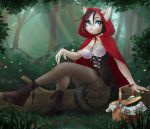  2018 anthro biped black_hair blue_eyes boots bottle breasts butt canid canine canis chikachi choker clothing corset cosplay dannyckoo day detailed_background domestic_cat felid feline felis female footwear forest grass grey_body hair hood jewelry legwear lingerie little_red_riding_hood little_red_riding_hood_(copyright) log mammal necklace sitting smile solo tree tresertf underwear wolf wood 