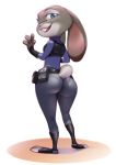  anthro big_butt blue_eyes buckteeth butt butt_pose clothed clothing ctrlgon dipstick_ears disney ears_down fully_clothed fur grey_body grey_fur judy_hopps lagomorph leporid light lighting looking_at_viewer looking_back mammal multicolored_ears open_mouth open_smile panty_lines pink_nose pivoted_ears police_uniform pose rabbit simple_background smile solo standing teeth toeless_legwear uniform white_background wide_hips zootopia 