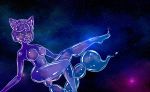  2019 anthro barefoot barely_visible_genitalia big_breasts biped blubglub blush breasts bubble canid canine cool_colors digital_media_(artwork) featureless_breasts female fingers floating fox green_eyes hair krystal living_bubble looking_at_viewer mammal nebula nintendo nude solo space star star_fox video_games wide_hips 
