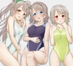  3girls :d bangs bare_arms bare_shoulders blue_eyes blush bow breasts brown_eyes collarbone commentary_request competition_swimsuit covered_navel eyebrows_visible_through_hair green_bow green_swimsuit grey_background grey_hair hair_bow hair_ornament hairclip hand_on_own_stomach hands_on_own_chest highres knee_up long_hair looking_at_viewer love_live! love_live!_school_idol_festival_all_stars love_live!_school_idol_project love_live!_sunshine!! lying medium_breasts minami_kotori multiple_girls nakasu_kasumi on_back on_side one-piece_swimsuit one_side_up open_mouth parted_lips red_eyes simple_background small_breasts smile smug suzume_miku swept_bangs swimsuit tareme thighs v-shaped_eyebrows watanabe_you white_swimsuit 