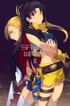 2girls back-to-back black_hair blonde_hair blue_shorts blush calamity_jane_(fate/grand_order) cis05 closed_mouth commentary_request earrings eyebrows_visible_through_hair fate/grand_order fate_(series) fingerless_gloves gloves green_eyes gun hoop_earrings ishtar_(fate/grand_order) jewelry katana long_hair looking_at_viewer multicolored_hair multiple_girls one_eye_closed ponytail red_eyes red_hair short_shorts shorts smile space_ishtar_(fate) star_tattoo sword tattoo toosaka_rin twintails two-tone_hair vest weapon yellow_gloves yellow_shorts yellow_vest 