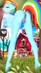 3d_(artwork) anthro anthrofied anus apple barn basket bent_over breasts butt clitoris clothing cowboy_hat digital_media_(artwork) dock ear_piercing equid equine female fence food friendship_is_magic fruit hair hat headgear headwear hi_res looking_at_viewer looking_back low-angle_view mammal multicolored_hair my_little_pony nipples nude outside piercing plant purple_eyes pussy rainbow_dash_(mlp) rainbow_hair the_fatcat tiptoes 