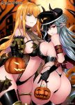 2girls aqua_eyes arm_strap ass basket black_headwear black_legwear black_panties blonde_hair blush boots breast_press breasts brown_dust choker cleavage dungeon_and_fighter gloves grey_hair groin halloween_basket halloween_costume hat holding holding_basket horns_through_headwear large_breasts long_hair looking_at_viewer multiple_girls navel panties peaked_cap pointy_ears red_eyes revealing_clothes shaojiang stomach symmetrical_docking thigh_boots thighhighs thighlet thong underwear 