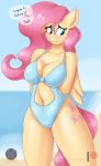  anthro beach big_breasts breasts cleavage clothed clothing dialogue equid equine feathered_wings feathers female fluttershy_(mlp) friendship_is_magic hi_res mammal my_little_pony nexcoyotlgt pterippus seaside swimwear wings 