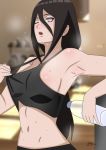  1girl :o absurdres agung911 armpits black_bra black_hair black_shorts boruto:_naruto_next_generations bottle bra bra_tug hair_between_eyes highres holding holding_bottle hot hyuuga_hanabi lavender_eyes long_hair midriff naruto naruto_(series) navel one_eye_closed shorts signature solo sports_bra sweat sweating_profusely underwear water_bottle 