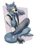  2019 5_toes absurd_res barefoot beastars black_nose blue_body blue_fur canid canine canis claws clothed clothing crossed_legs fangs feet fur hand_on_head hi_res holding_head komoroshi_(artist) legosi_(beastars) male mammal necktie pawpads sharp_teeth simple_background sitting soles solo suspenders teeth toe_claws toe_curl toes wolf 
