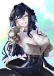  1girl absurdres arknights armpits bangs black_hair blue_eyes blush breasts detached_sleeves grin hand_on_own_cheek highres large_breasts skirt skirt_lift smile solo star star-shaped_pupils symbol-shaped_pupils tok 