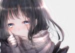  1girl absurdres bangs black_hair blue_eyes blurry blush commentary_request depth_of_field enpera grey_background highres ichijiku_(user_yhjw8354) light_particles long_hair looking_at_viewer original plaid portrait sad scarf smile solo tearing_up 