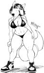  2019 absurd_res armlet big_breasts bikini bite breasts canid canine cleavage clothed clothing female footwear fox headgear hi_res jewelry krystal looking_at_viewer mammal markings monochrome nails navel nike nintendo pltnm06ghost pose sharp_nails shoes simple_background sketch solo standing star_fox swimwear thick_thighs tribal_markings video_games white_background 