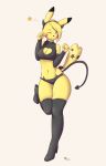  2019 5_fingers absurd_res alasou anthro blonde_hair breasts cleavage_cutout clothed clothing digital_media_(artwork) female fingers hair hi_res legwear midriff navel nintendo pikachu pok&eacute;mon pok&eacute;mon_(species) skimpy solo thigh_highs thin_waist video_games yellow_eyes 