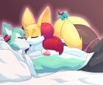  2019 bed black_body black_fur blue_body blue_fur bottomwear braixen breast_rest breast_squish breasts canid canine clothed clothing eyes_closed fan_character female female_on_top foreplay fox fur fur_markings furniture hand_on_crotch hi_res inner_ear_fluff juzztie kissing lying male male/female mammal markings nintendo on_back on_top open_shirt panties pants pillow pok&eacute;mon pok&eacute;mon_(species) red_nose ribbons roflfox romantic_couple seraphine_(roflfox) shirt squish stick topwear tuft underwear video_games white_body white_fur yellow_body yellow_fur 