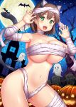  ai-chan_(tawawa) animal_ears areola_slip areolae arms_up bandages bat braid breasts brown_hair cat_ears cat_tail church cleavage covered_nipples fang fence getsuyoubi_no_tawawa ghost gradient gradient_background green_eyes hair_ornament halloween halloween_costume happy_halloween highres jack-o&#039;-lantern large_breasts moon naked_bandage navel nipple_slip nipples official_style open_mouth pumpkin side_braid sky smile star_(sky) starry_sky tail tree uehiro 