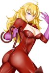  1girl absurdres ahoge alfred_cullado anal_tail bangs banned_artist blonde_hair bodysuit breasts cleavage cleavage_cutout closed_mouth cosplay cowboy_shot curly_hair elbow_gloves fake_tail gloves hair_between_eyes highres holding large_breasts long_hair looking_at_viewer persona persona_5 pink_gloves purple_eyes shiny shiny_clothes shiny_hair solo standing tail takamaki_anne takamaki_anne_(cosplay) transparent_background v-shaped_eyebrows very_long_hair yang_xiao_long 