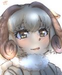  1girl animal_ears backlighting bangs blonde_hair commentary eye_reflection eyebrows_visible_through_hair face fur_collar highres horizontal_pupils horns kemono_friends looking_away parted_lips portrait reflection sheep_(kemono_friends) sheep_ears sheep_girl sheep_horns short_hair simple_background smile solo thin_(suzuneya) white_background wind_turbine windmill yellow_eyes 