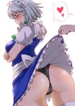  1girl apron ass black_panties blush braid breasts cameltoe closed_eyes cowboy_shot crossed_arms dress embarrassed hair_ribbon heart highres izayoi_sakuya maid maid_apron maid_headdress medium_breasts panties ribbon shiraue_yuu short_hair short_sleeves side_braid silver_hair simple_background skirt skirt_lift spoken_heart sweat thighhighs touhou tress_ribbon underwear white_background white_legwear 