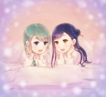  2girls :d bangs blanket blue_eyes blue_hair braid green_hair hair_bun hair_ornament hair_over_shoulder hair_stick half_updo hands_on_own_cheeks hands_on_own_face happy head_rest honzuki_no_gekokujou konoe3 long_hair long_sleeves looking_at_another lying maine_(honzuki_no_gekokujou) multiple_girls on_bed on_stomach open_mouth pillow shared_blanket siblings single_braid sisters smile stitches swept_bangs tuuli_(honzuki_no_gekokujou) under_covers yellow_eyes 