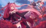  fang flowers krul_tepes nahaki owari_no_seraph pink_hair pointed_ears red_eyes sketch vampire 