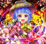  1girl :d ahoge blue_hair blush bowl bowl_hat chest chibi coin english_commentary glint hat highres holding_mallet japanese_clothes kana_(user_rkuc4823) kimono leaf light_trail long_sleeves looking_at_viewer maple_leaf miracle_mallet mixed-language_commentary needle obi open_mouth purple_eyes sash short_hair smile solo sukuna_shinmyoumaru touhou 