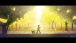  1girl animal artist_name autumn black_dog black_legwear coat day dog ginkgo_leaf grass highres leash letterboxed original profile sachi_(yumemayoi) scenery shadow short_hair short_ponytail sidewalk standing tree walking watermark 