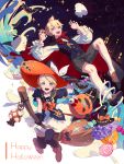  1boy 1girl bag bat black_nails blonde_hair bow broom broom_riding candle candy cape cat claw_pose commentary crescent_moon cupcake eyeball fajyobore323 fang food frilled_sleeves frills full_body ghost halloween happy_halloween hat hat_bow holding holding_broom holding_hat jack-o&#039;-lantern kagamine_len kagamine_rin lantern light_blush lollipop long_sleeves looking_at_viewer making-of_available mansion mary_janes moon nail_polish night night_sky open_mouth red_neckwear shirt shoes short_hair short_ponytail short_sleeves shorts shoulder_bag siblings skirt sky socks spiked_hair star star_(sky) star_in_eye starry_sky symbol_in_eye thighhighs twins vampire_costume vest vocaloid white_shirt white_skirt witch_costume witch_hat 